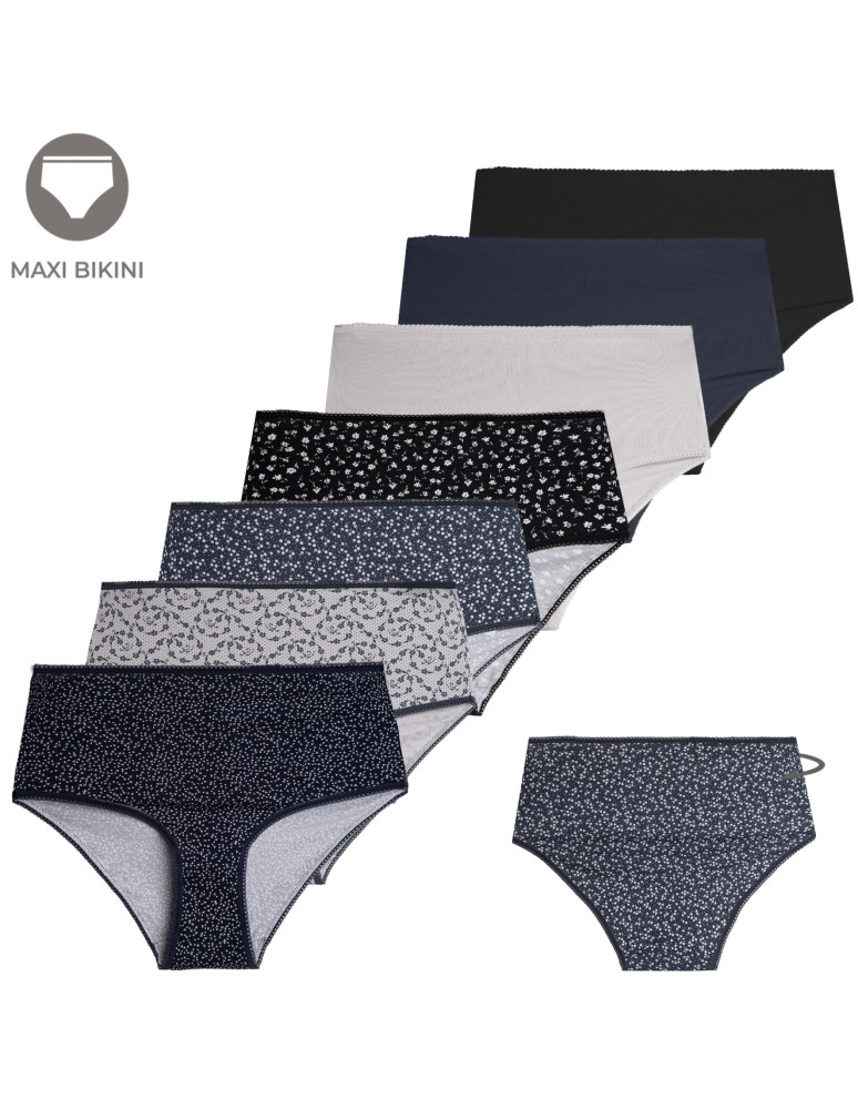 Majtki z wysokim stanem - Majtki damskie maxi bikini z bawełny wysoki stan gładkie i wzorzyste duży zestaw 7-pak WIELOKOLOROWY - produkt moraj.pl 1