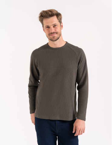Koszulki i Tank Topy - Koszulka męska longsleeve ze strukturą i okrągłym KHAKI - produkt 3