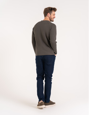 Koszulki i Tank Topy - Koszulka męska longsleeve ze strukturą i okrągłym KHAKI - produkt 4