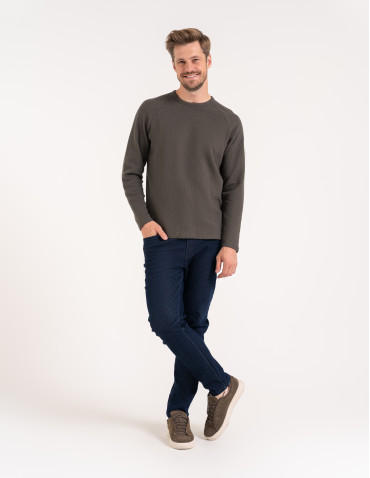 Koszulki i Tank Topy - Koszulka męska longsleeve ze strukturą i okrągłym KHAKI - produkt 5