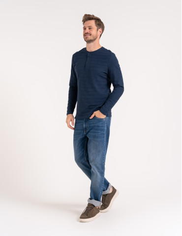 Koszulki i Tank Topy - Koszulka męska longsleeve bawełniany z guzikami GRANATOWY - produkt 4
