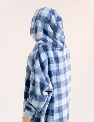 Kocobluzy - Ciepła kocobluza damska oversize z kapturem w kratę NIEBIESKI - produkt 5