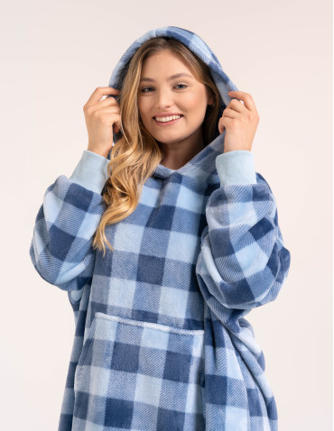 Ciepła kocobluza damska oversize z kapturem w kratę - NIEBIESKI  - produkt 2