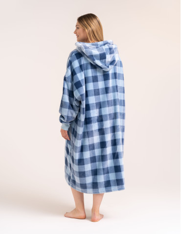 Kocobluzy - Ciepła kocobluza damska oversize z kapturem w kratę NIEBIESKI - produkt 6