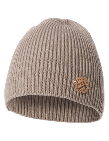 Czapki przejściowe damskie - Prążkowana czapka damska beanie z ozdobną naszywką MOKKA - produkt 1