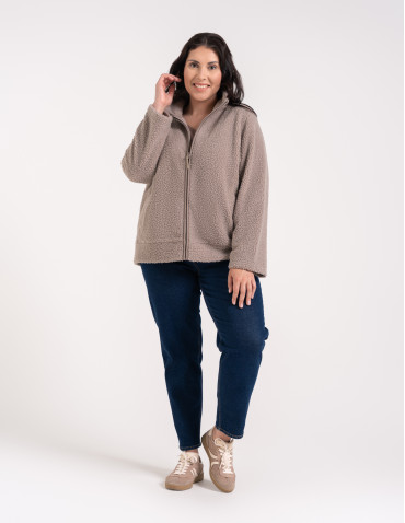Kurtki damskie - Bluza polarowa damska sherpa baranek o kroju boxy ze st&oacute;jką i kieszeniami BEŻOWY - produkt 13