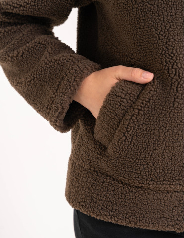 Bluza polarowa damska sherpa baranek o kroju boxy ze st&oacute;jką i kieszeniami - BRĄZOWY  - produkt 2