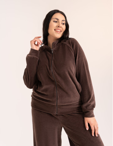 Bluzy damskie - Bluza damska welurowa na zamek z bawełny JASNY BRĄZ - produkt 2