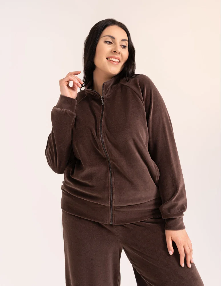 Bluzy damskie - Bluza damska welurowa na zamek z bawełny JASNY BRĄZ - produkt moraj.pl 2