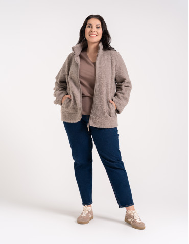 Kurtki damskie - Bluza polarowa damska sherpa baranek o kroju boxy ze st&oacute;jką i kieszeniami BEŻOWY - produkt 14