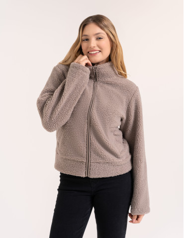 Kurtki damskie - Bluza polarowa damska sherpa baranek o kroju boxy ze st&oacute;jką i kieszeniami BEŻOWY - produkt 10