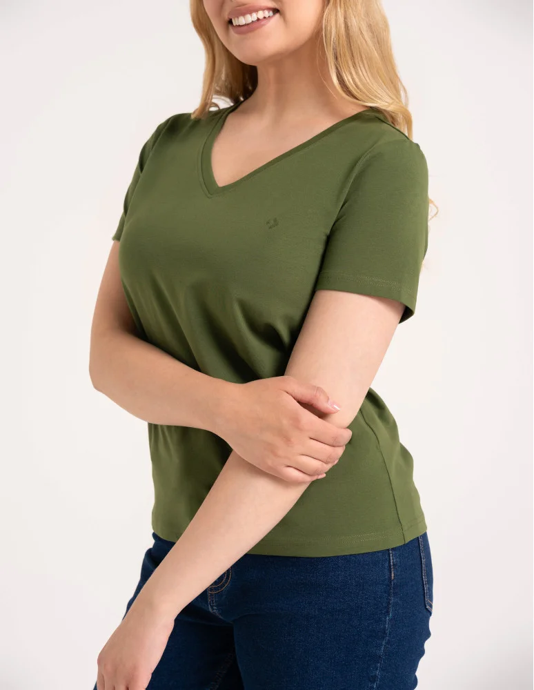 Koszulki i T-shirty - Koszulka damska bawełna Premium T-shirt dekolt w serek CIEMNY KHAKI - produkt moraj.pl 2