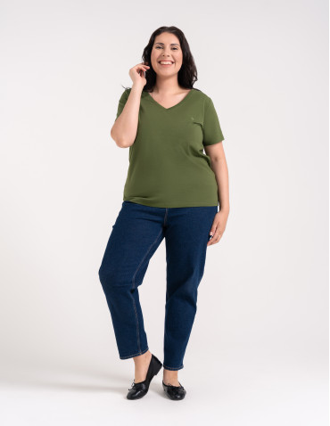 Koszulki i T-shirty - Koszulka damska bawełna Premium T-shirt dekolt w serek CIEMNY KHAKI - produkt 3