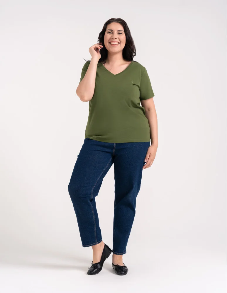 Koszulki i T-shirty - Koszulka damska bawełna Premium T-shirt dekolt w serek CIEMNY KHAKI - produkt moraj.pl 3