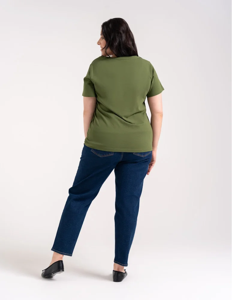 Koszulki i T-shirty - Koszulka damska bawełna Premium T-shirt dekolt w serek CIEMNY KHAKI - produkt moraj.pl 4