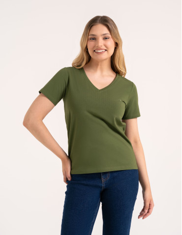 Koszulki i T-shirty - Koszulka damska bawełna Premium T-shirt dekolt w serek CIEMNY KHAKI - produkt 5