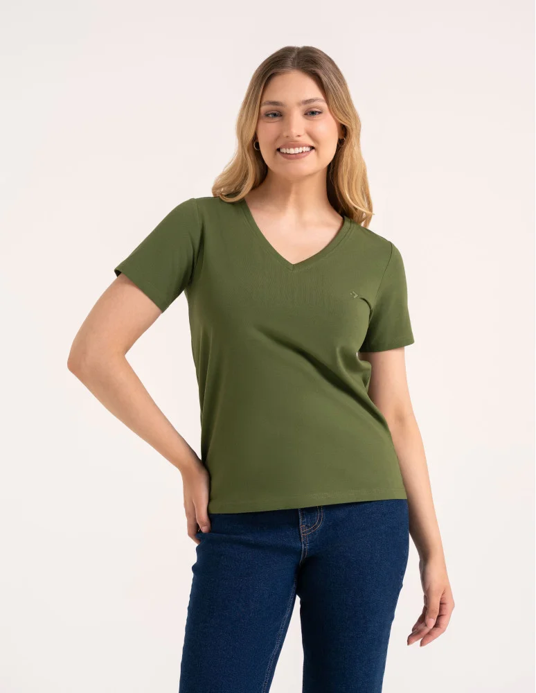 Koszulki i T-shirty - Koszulka damska bawełna Premium T-shirt dekolt w serek CIEMNY KHAKI - produkt moraj.pl 5