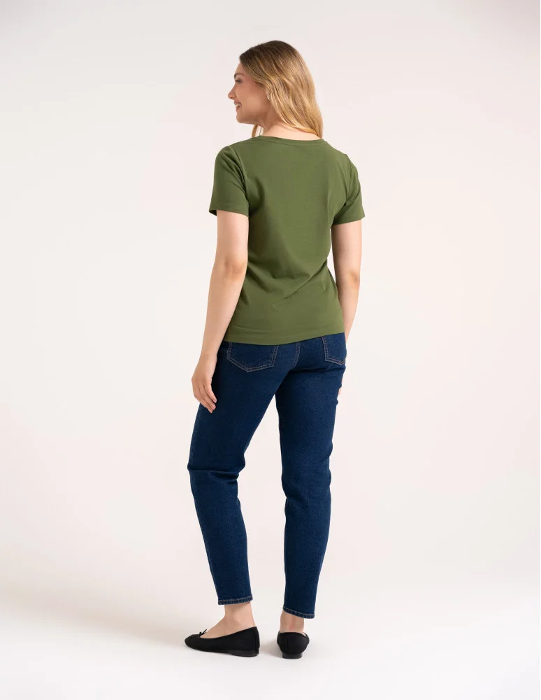 Koszulki i T-shirty - Koszulka damska bawełna Premium T-shirt dekolt w serek CIEMNY KHAKI - produkt moraj.pl 6