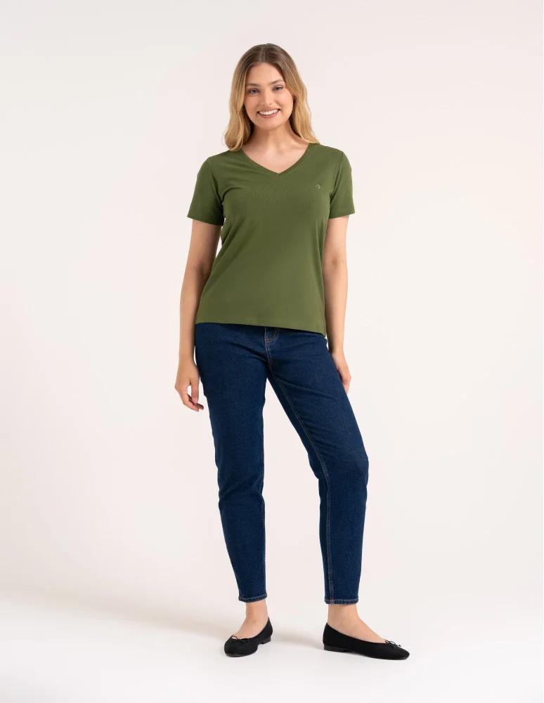 Koszulki i T-shirty - Koszulka damska bawełna Premium T-shirt dekolt w serek CIEMNY KHAKI - produkt moraj.pl 7