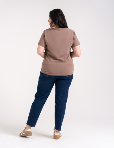 Koszulki i T-shirty - Koszulka damska bawełna Premium T-shirt dekolt w serek CIEMNY BEŻOWY - produkt 3