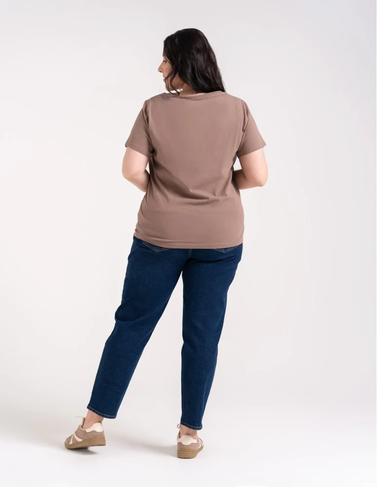 Koszulki i T-shirty - Koszulka damska bawełna Premium T-shirt dekolt w serek CIEMNY BEŻOWY  - produkt moraj.pl 3