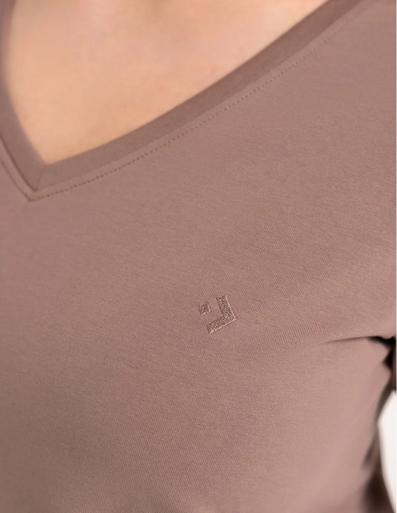 Koszulki i T-shirty - Koszulka damska bawełna Premium T-shirt dekolt w serek CIEMNY BEŻOWY  - produkt moraj.pl 5