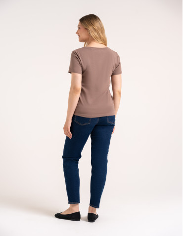 Koszulki i T-shirty - Koszulka damska bawełna Premium T-shirt dekolt w serek CIEMNY BEŻOWY - produkt 7