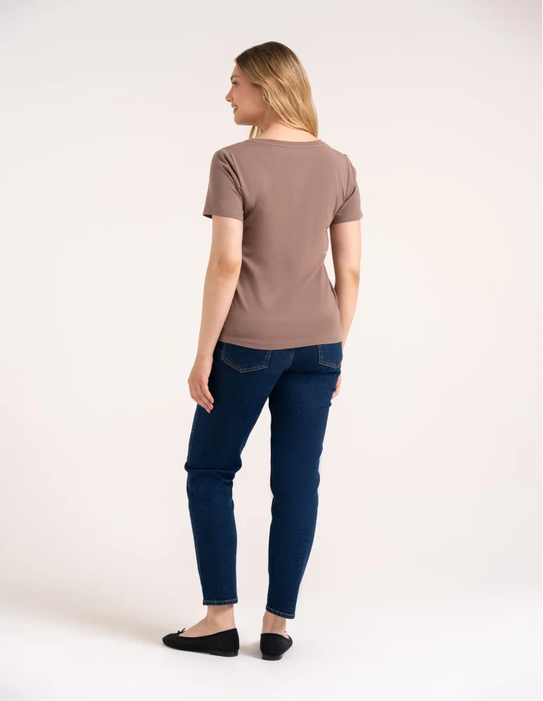 Koszulki i T-shirty - Koszulka damska bawełna Premium T-shirt dekolt w serek CIEMNY BEŻOWY  - produkt moraj.pl 7