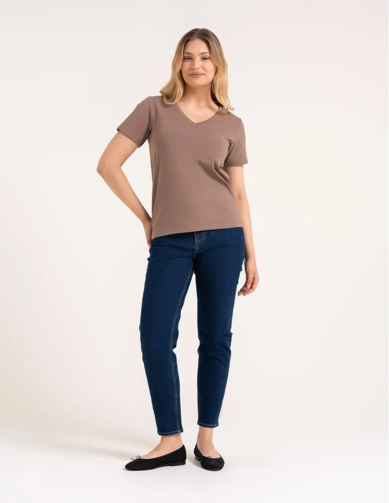 Koszulki i T-shirty - Koszulka damska bawełna Premium T-shirt dekolt w serek CIEMNY BEŻOWY  - produkt moraj.pl 8