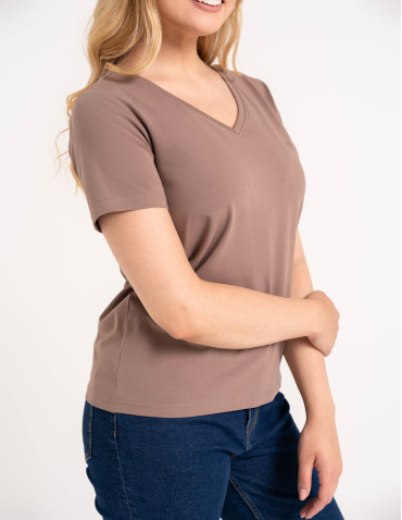 Koszulki i T-shirty - Koszulka damska bawełna Premium T-shirt dekolt w serek CIEMNY BEŻOWY - produkt 10