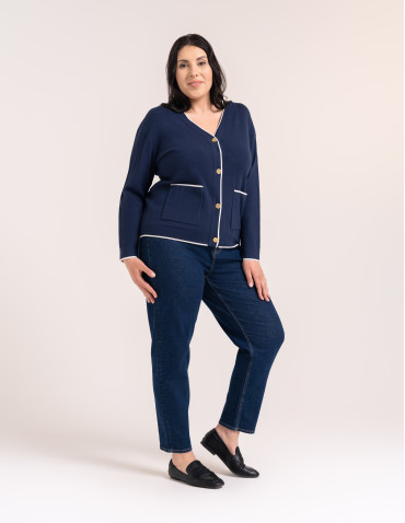 Kardigany damskie - Sweter damski rozpinany ze złotymi guzikami krótki kardigan z wiskozy GRANATOWY - produkt 11