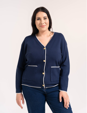 Kardigany damskie - Sweter damski rozpinany ze złotymi guzikami krótki kardigan z wiskozy GRANATOWY - produkt 8