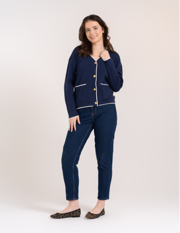 Sweter damski rozpinany ze złotymi guzikami kr&oacute;tki kardigan z wiskozy - GRANATOWY  - produkt 2