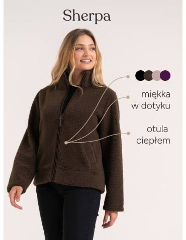 Kurtki damskie - Bluza polarowa damska sherpa baranek o kroju boxy ze stójką i kieszeniami BRĄZOWY - produkt 3
