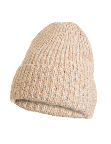 Czapka damska zimowa beanie z wełną ciepła prążkowana - BEŻOWY MELANŻ