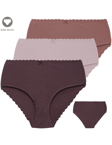 Majtki damskie maxi bikini prążkowane figi z wysokim stanem zestaw 3-pak - WIELOKOLOROWY