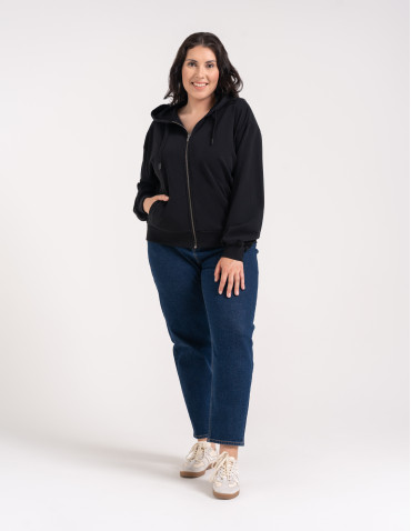 Bluzy dresowe - Bluza damska bawełniana z kapturem rozpinana wygodna o kroju boxy CZARNY - produkt 12