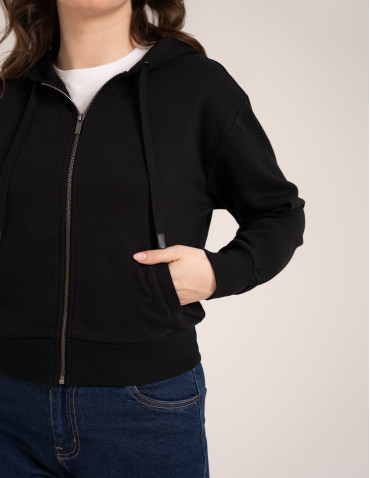 Bluzy dresowe - Bluza damska bawełniana z kapturem rozpinana wygodna o kroju boxy CZARNY - produkt 8