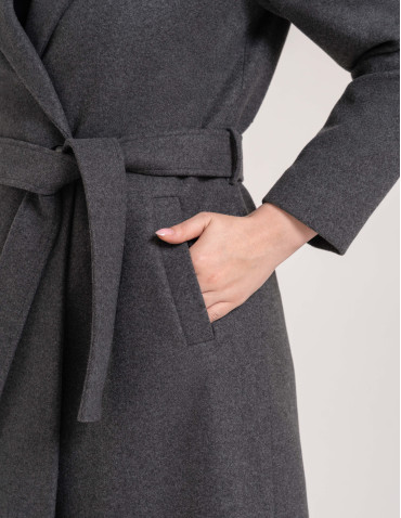 Płaszcz damski elegancki z rozcięciem z tyłu taliowany casual - SZARY  - produkt 2
