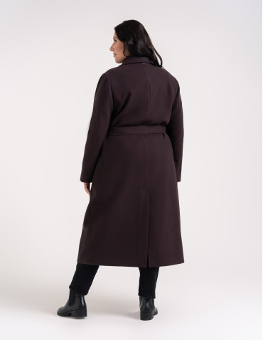 Kurtki zimowe - Płaszcz damski elegancki z rozcięciem z tyłu taliowany casual BRĄZOWY - produkt 2