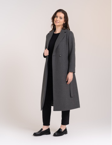 Kurtki zimowe - Płaszcz damski elegancki z rozcięciem z tyłu taliowany casual Szary - produkt 7