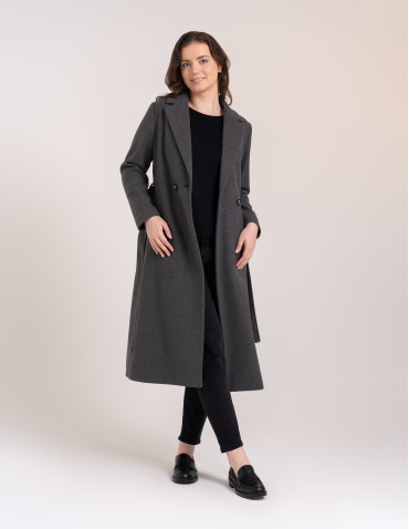 Kurtki zimowe - Płaszcz damski elegancki z rozcięciem z tyłu taliowany casual Szary - produkt 3