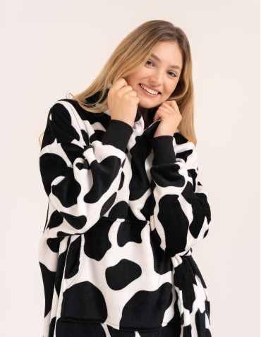 Kocobluza damska oversize z kapturem w łaty - CZARNY  - produkt 2