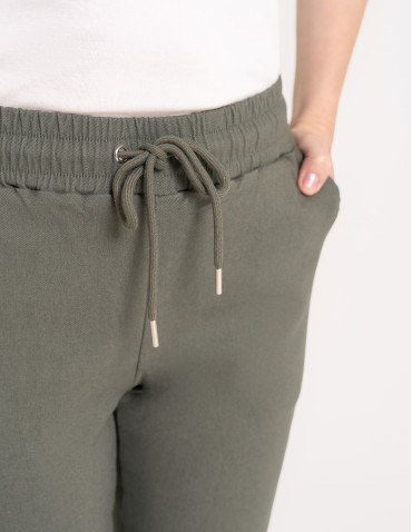Spodnie damskie - Spodnie damskie joggery elastyczne z wiązaniem KHAKI - produkt 86