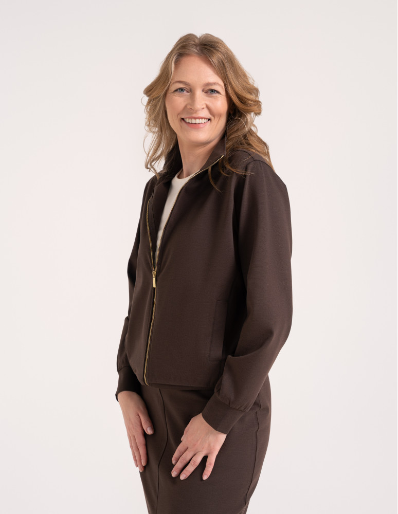 Bluzy dresowe - Bluza damska rozpinana casual ze stójką i kieszeniami BRĄZOWY - produkt moraj.pl 1