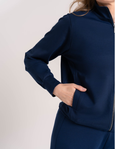 Bluzy dresowe - Bluza damska rozpinana casual ze stójką i kieszeniami GRANATOWY - produkt 4