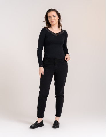 Bluzki i koszule - Bluzka damska longsleeve w prążek z koronkowym wykończeniem CZARNY - produkt 1