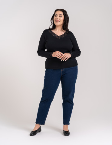 Bluzki i koszule - Bluzka damska longsleeve w prążek z koronkowym wykończeniem CZARNY - produkt 3