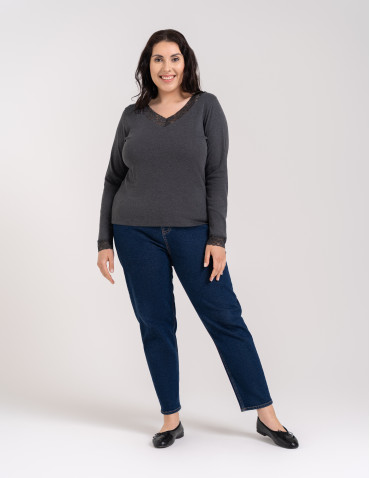 Bluzki i koszule - Bluzka damska longsleeve w prążek z koronkowym wykończeniem Szary - produkt 9