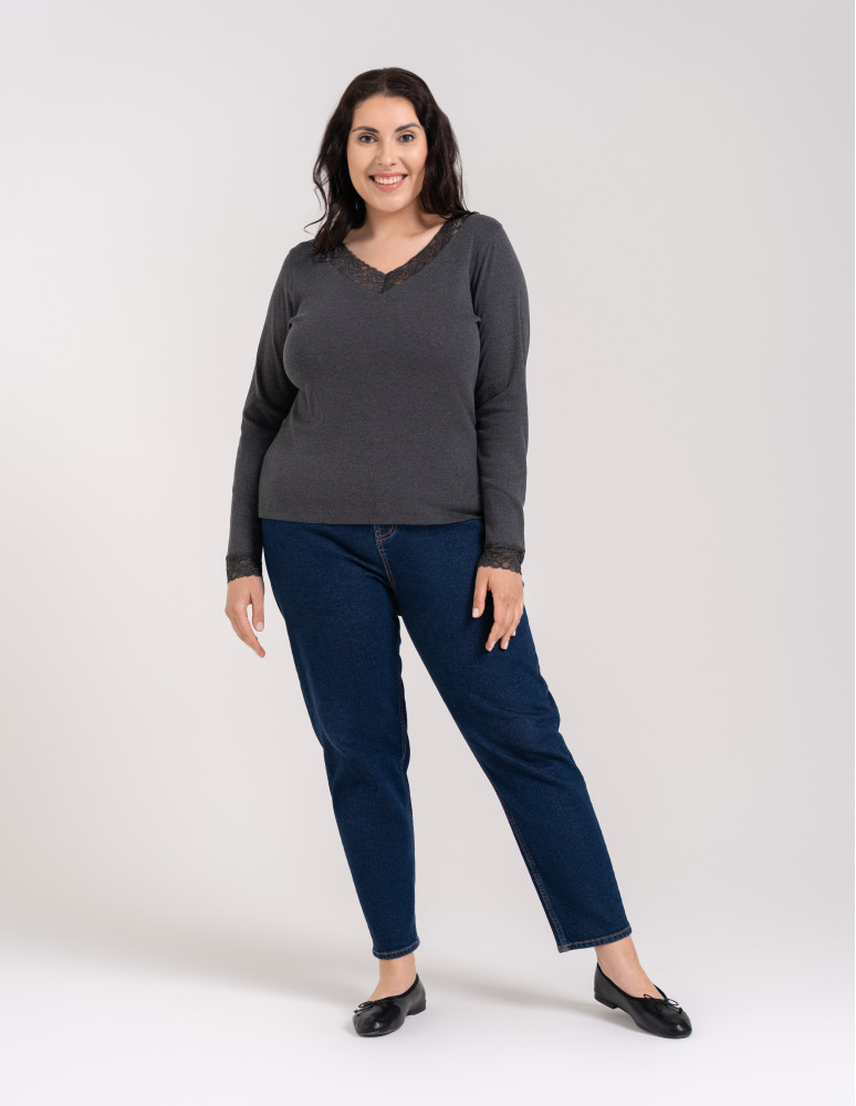 Bluzki i koszule - Bluzka damska longsleeve w prążek z koronkowym wykończeniem Szary - produkt moraj.pl 9